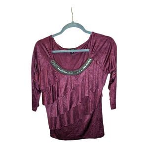 AGB Ruffled Purple Blouse with Beads Detailing on Neckline Women's Size Small